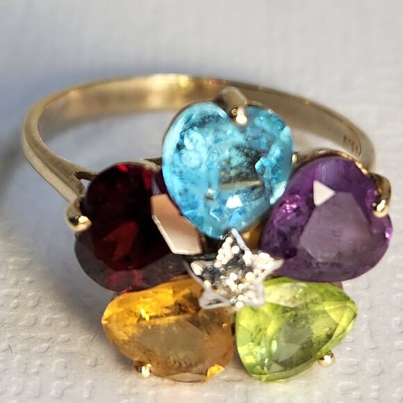 Real 1980's VTG 14K Solid Gold Orig Natural Multi-Gem Diamond 2.65g Sz 7 90s - Picture 7 of 14